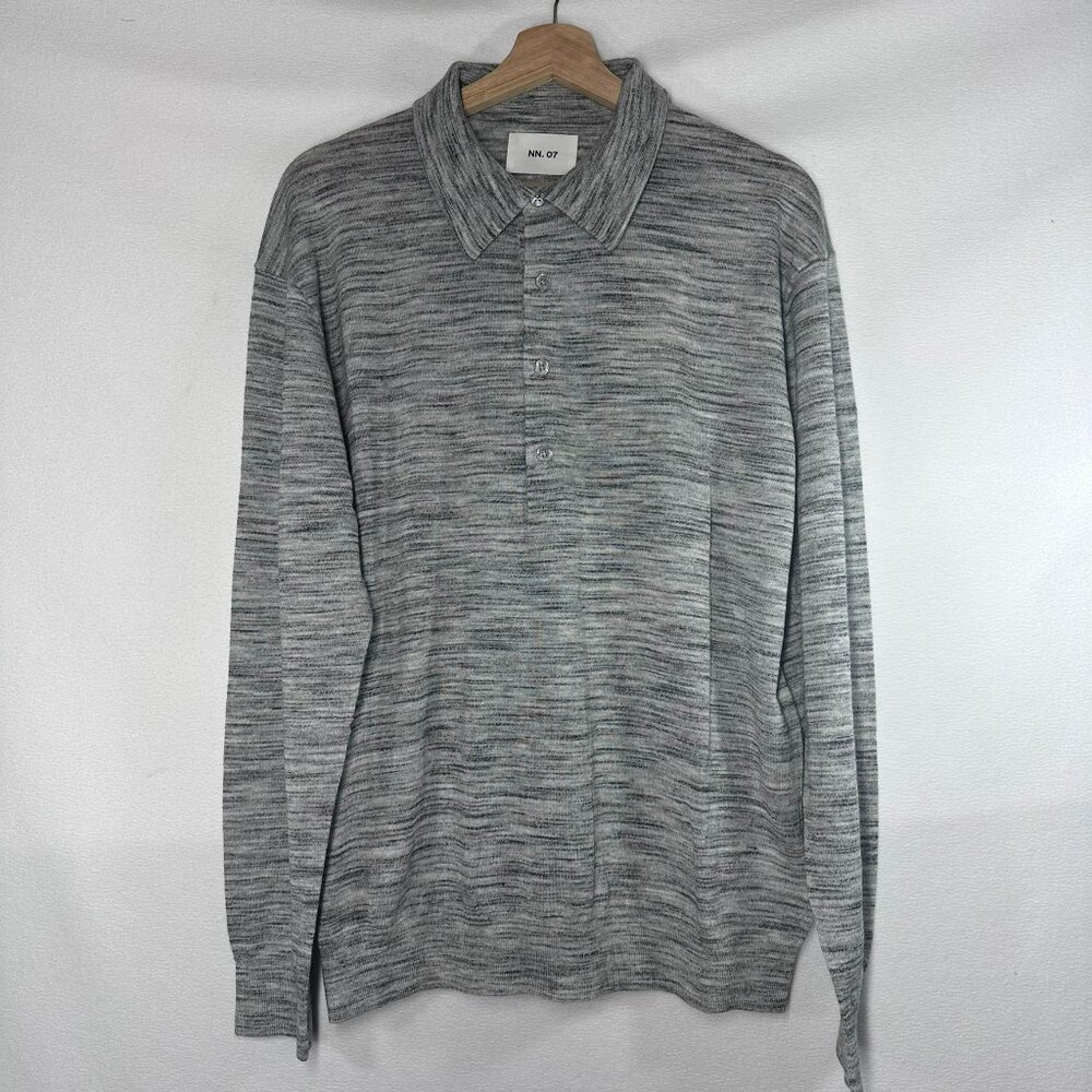 NN07 Raymond Polo 1/3 Button 100% Wool Men Long Sleeve Ivory/Grey Size Medium